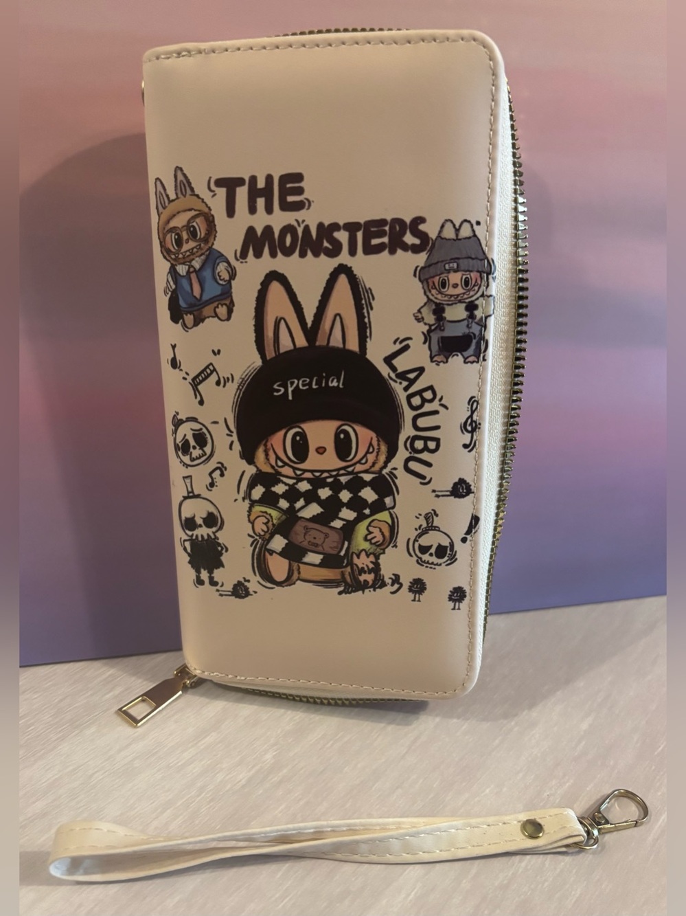 Long White Labubu Zip Wristlet Wallet with Removable Strap